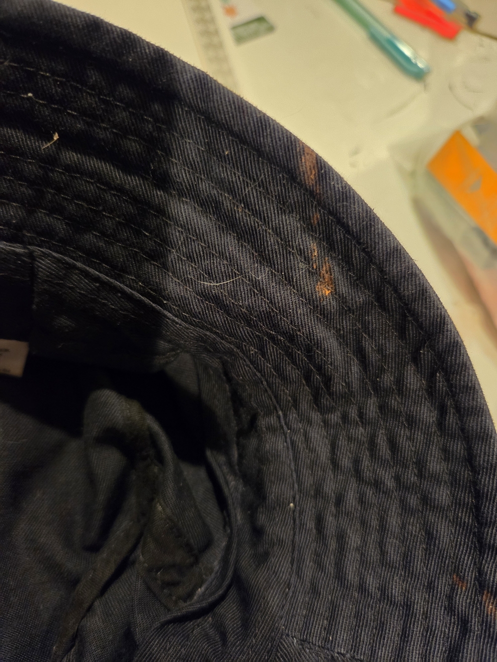 Vintage Navy Bucket Hat with Tan Accent and Heart Patch - Picture 2 of 4